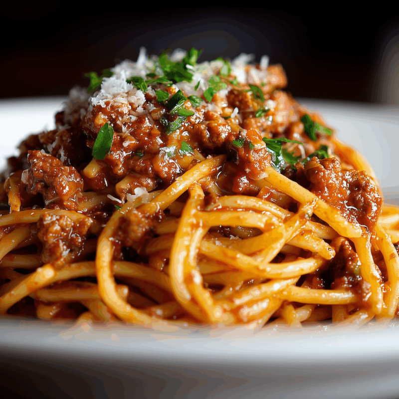 A plate of spaghetti topped with rich meat sauce and garnished with parsley.